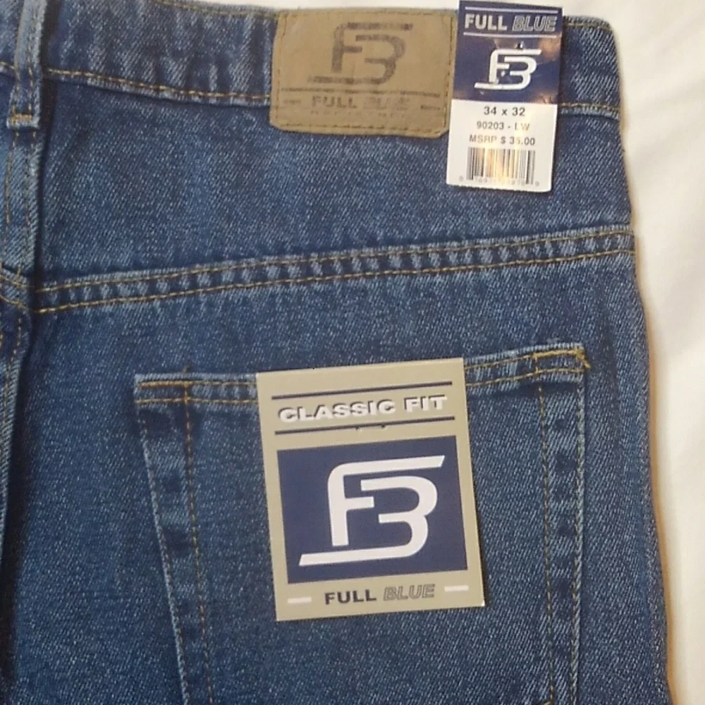 Full Blue Classic Fit Straight Cotton Denim Blue Jeans NWT 34 X 32